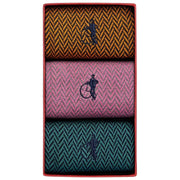 London Sock Company Bond St. Herringbone 3-pars sokkebokssæt - Blå/Pink/Gul