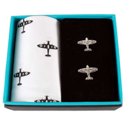 David Van Hagen Spitfire Handkerchief and Cufflink Set - White/Black